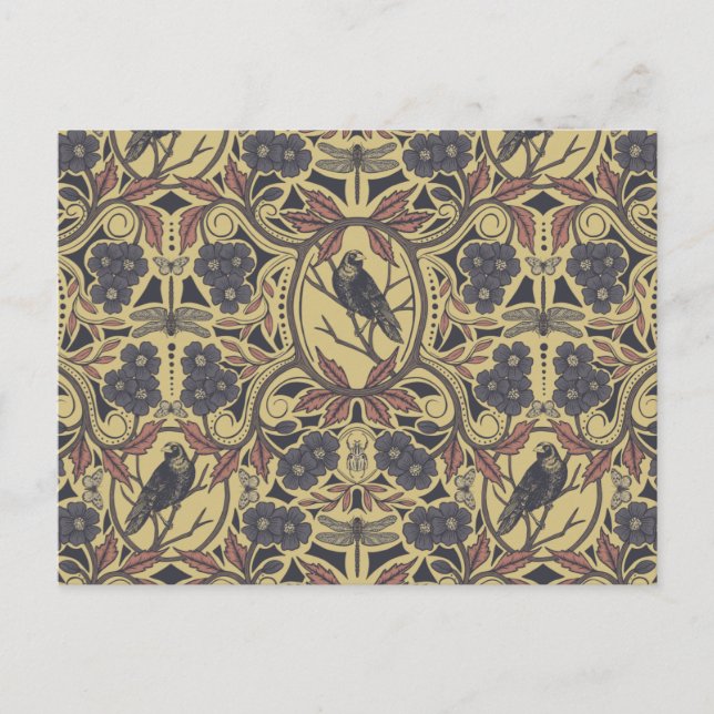 Cartão Postal Mauve, Tan & Cinza Crow & Dragonfly Floral (Frente)