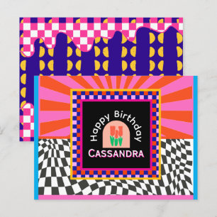 Cartão Postal Maximalismo Aniversário Colorido Verificado Floral