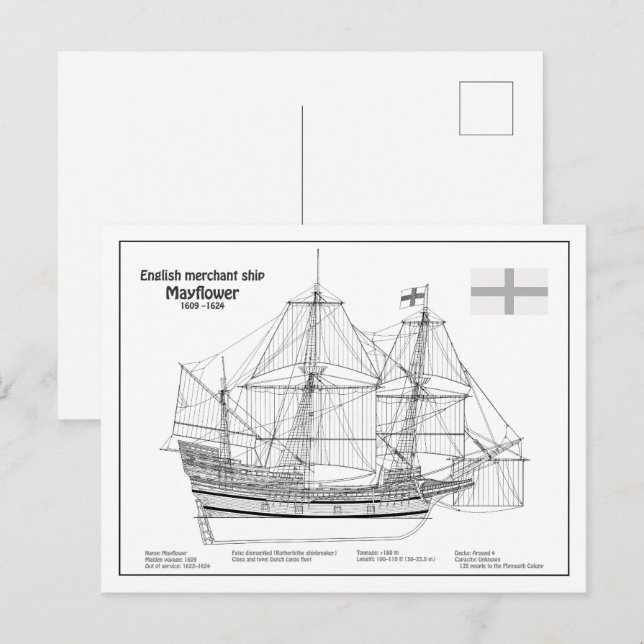 Cartão Postal Mayflower - Navio Planos de Impressão Bluetooth BD (Frente/Verso)