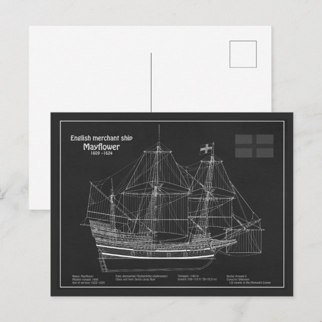 Cartão Postal Mayflower - Navio Planos de Impressão Bluetooth PD (Frente/Verso)
