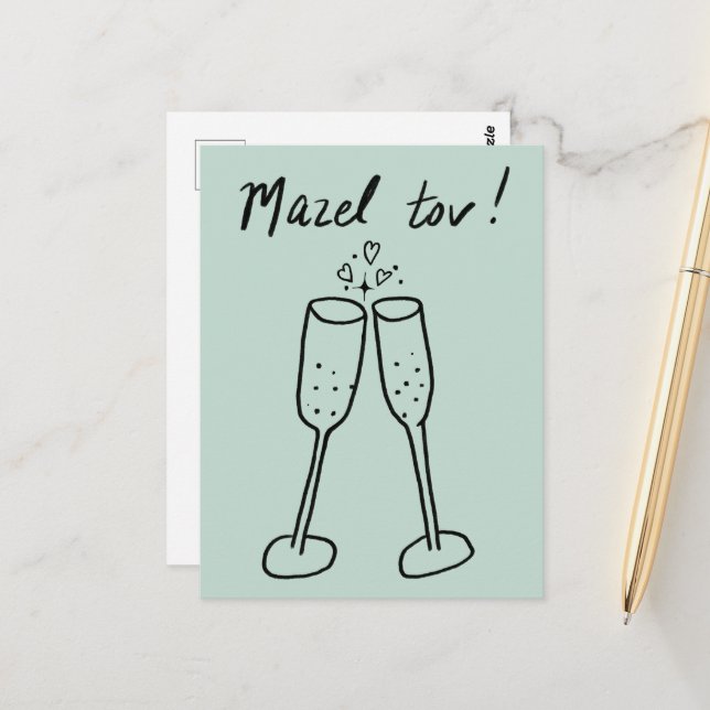 Cartão Postal Mazel Tov Wedding Champagne Cheers Sketch Doodle (Frente/Verso In Situ)