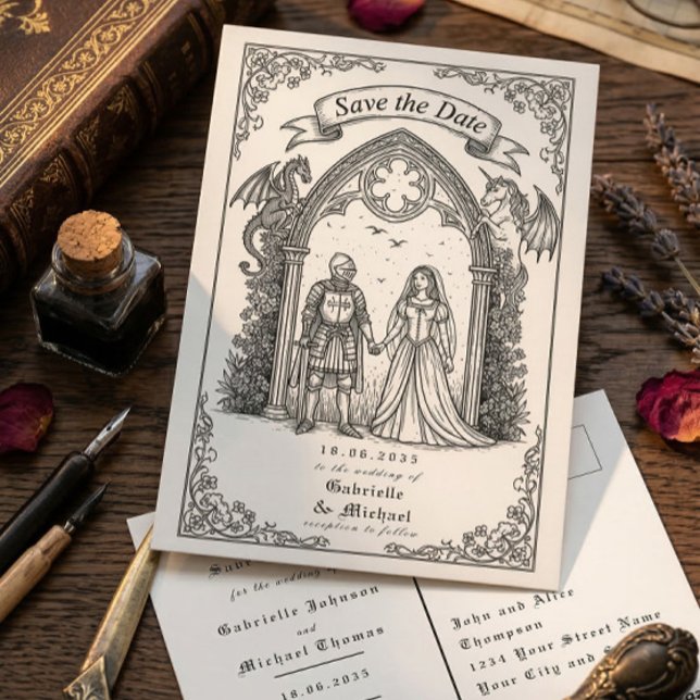 Cartão Postal Medieval Gothic Knight Bride Groom Save The Date (Criador carregado)