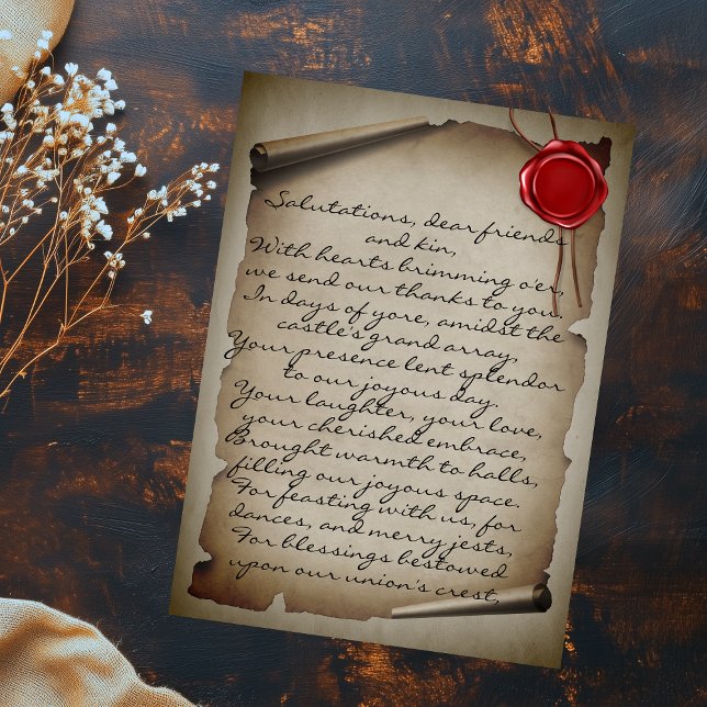 Cartão Postal Medieval Gray Scroll Wax Seal Wedding Thank You (Criador carregado)