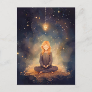 Cartão Postal Meditando Garota de Yoga, Nuvens de Estrela Sonhad