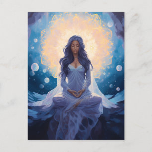 Cartão Postal Meditando Garota Yoga, Cristais Sonho Azul Dourado