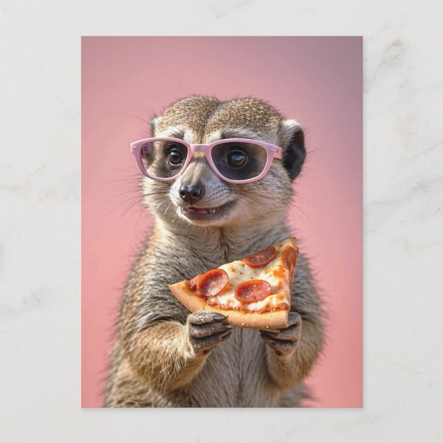 Cartão Postal Meerkat bonito com óculos e pizza (Frente)