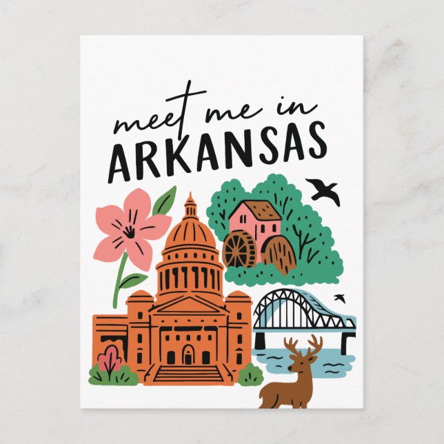 Cartão Postal Meet Me In Arkansas Southern USA Doodle Landmarks (Frente)