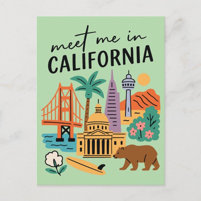 Cartão Postal Meet Me In California Golden Gate Bear Retro (Frente)