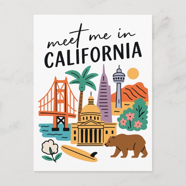 Cartão Postal Meet Me In California Golden Gate Bear Surf (Frente)