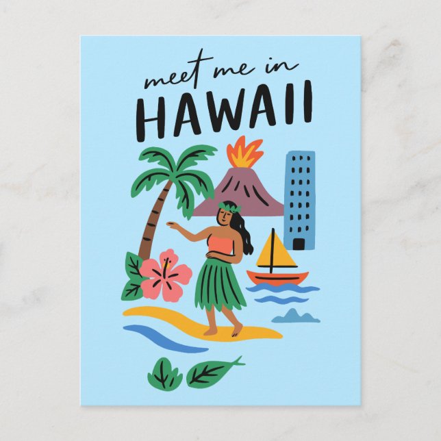 Cartão Postal Meet Me In Hawaii Retro Hula Dancer Beach (Frente)