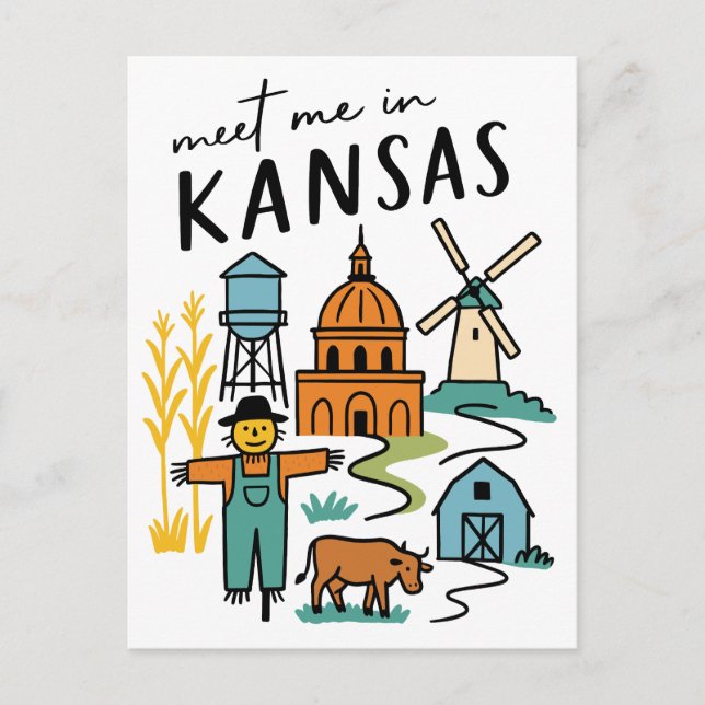 Cartão Postal Meet Me In Kansas Retro Farm Scarecrow Windmill (Frente)