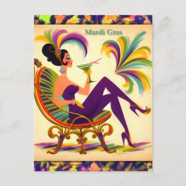 Cartão Postal Meio século Mardi Gras Mulher De Um Martini (Frente)