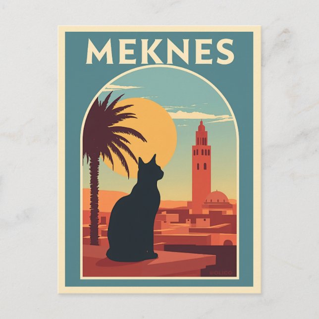 Cartão Postal Meknes Marrocos Sunset Cat Art (Frente)