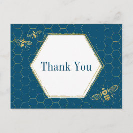 Cartão Postal Mel Abeja Azul Teal Dourado Padrão Obrigada