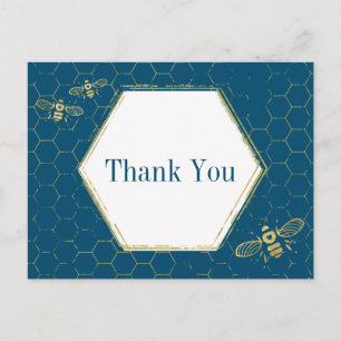 Cartão Postal Mel Abeja Azul Teal Dourado Padrão Obrigada