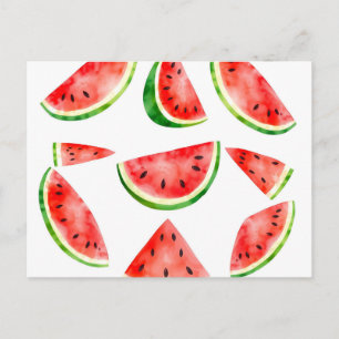 Cartão Postal Melancia Fresca em Aquarela sobre Fundo Branco