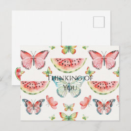 Cartão Postal Melancia Verde Vermelha Borboletas Azuis Aniversár