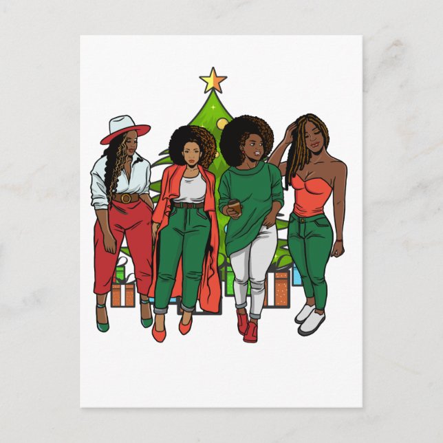 Cartão Postal Melanin Sistas Árvore de Natal e Oferece Meninas N (Frente)