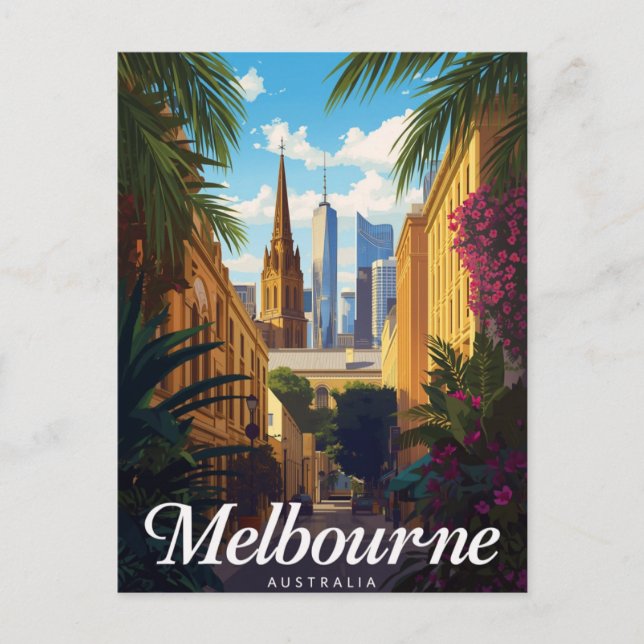 Cartão Postal Melbourne Australia Skyline Retro Travel (Frente)