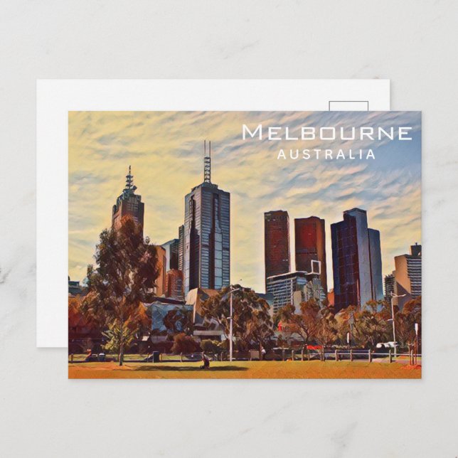 Cartão Postal Melbourne Austrália Skyline Watercolor Art (Frente/Verso)
