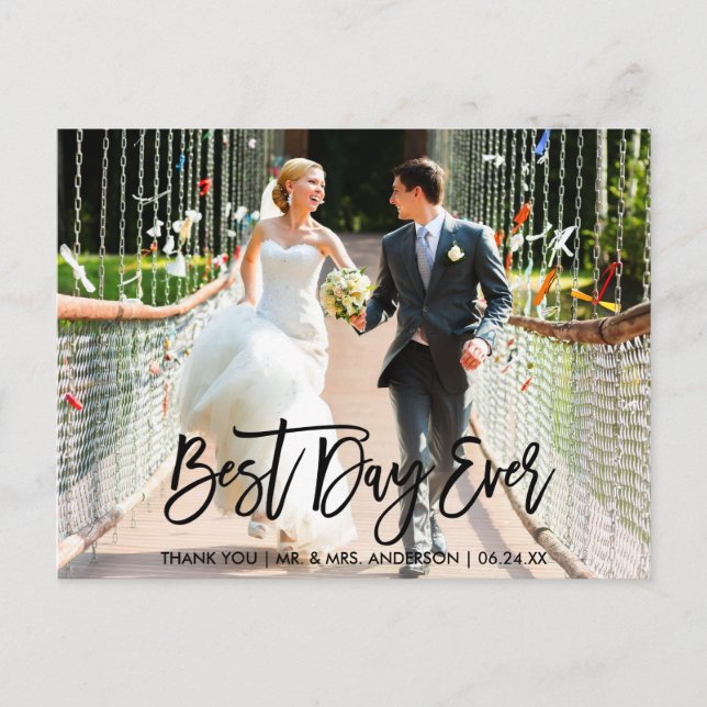 Cartão Postal Melhor Dia de Todos Brush Script Casamento Obrigad (Frente)