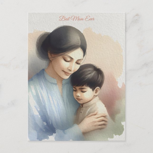 Cartão Postal Melhor Ilustração de Aquarela Mãe Alguma Vez (Frente)