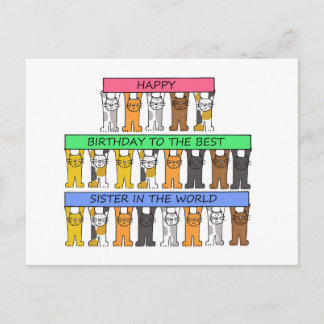 Cartão Postal Melhor Irmã no Mundo Feliz Aniversário Gatos