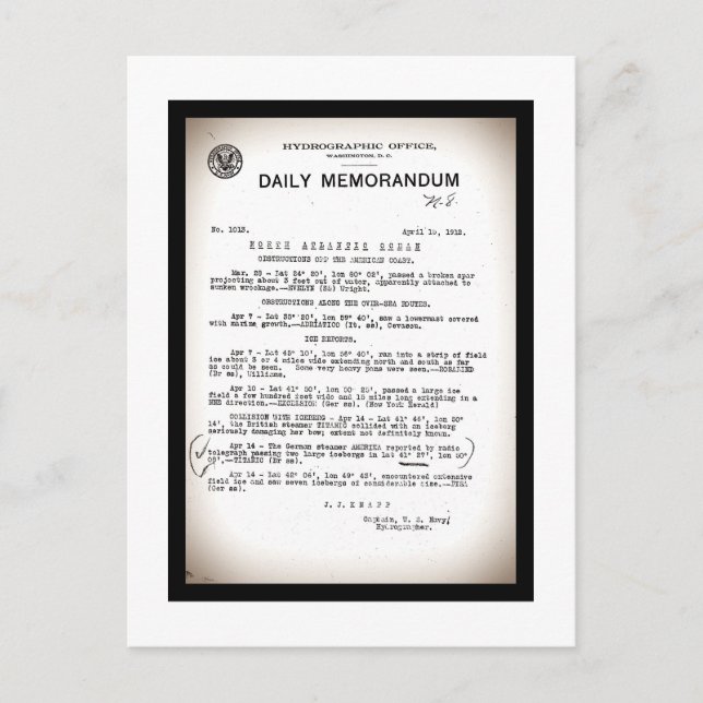 Cartão Postal Memo do Escritório Hidrográfico Desastre Titanic (Frente)
