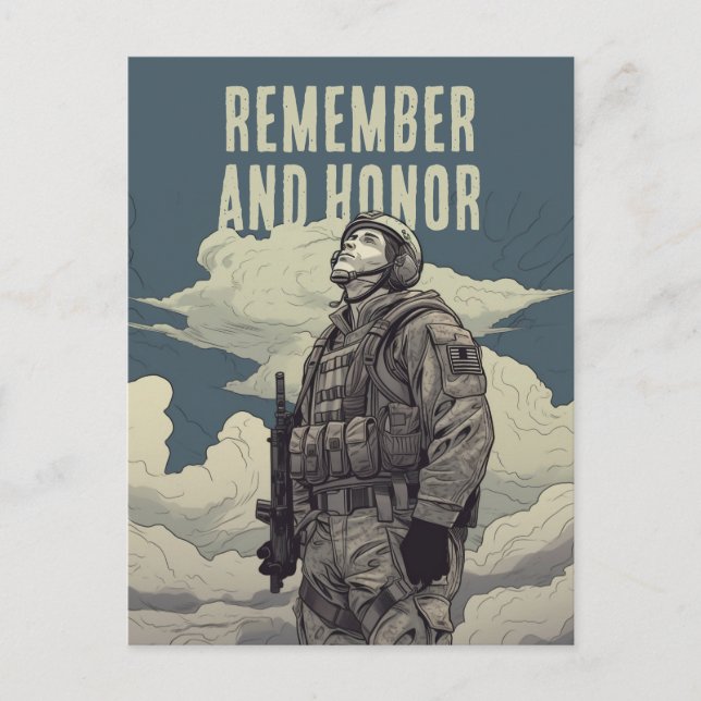 Cartão Postal Memorial Day Soldier Clouds Remember and Honor (Frente)