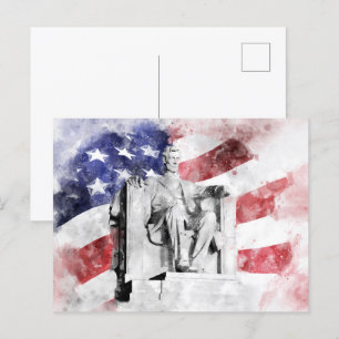 Cartão Postal Memorial Lincoln aquarela com bandeira americana