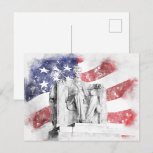 Cartão Postal Memorial Lincoln com aquarela da bandeira american