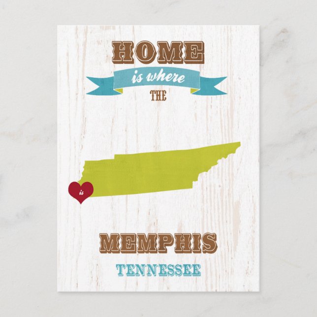 Cartão Postal Memphis, Mapa do Tennessee - Lar É Onde O Coração  (Frente)