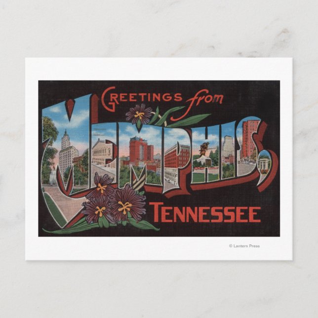 Cartão Postal Memphis, Tennessee - Cenas com Letras Grandes (Frente)