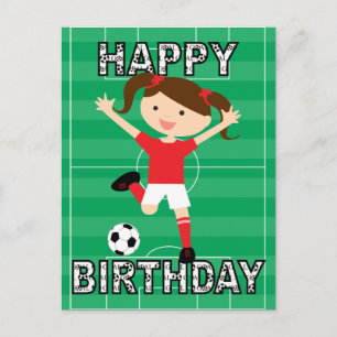 Cartão Postal Menina 1 do aniversário do futebol vermelha e
