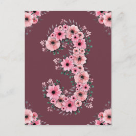 Cartão Postal Menina 3º Aniversário Grande Flores Rosa Folhagem 