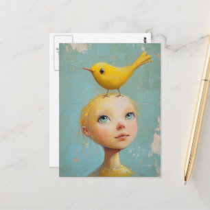 Cartão Postal Menina Adorável com o Pássaro Amarelo na Cabeça