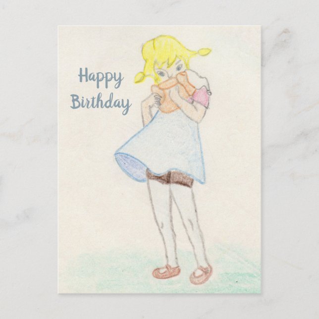 Cartão Postal Menina adorável com ursinho de pelúcia (Frente)