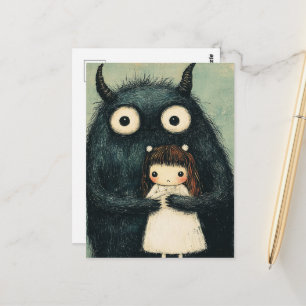 Cartão Postal Menina Adorável e seu Amigo Monstro Fantasia