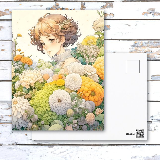 Cartão Postal Menina Anime em Flores Amarelas Aniversário Person (Criador carregado)