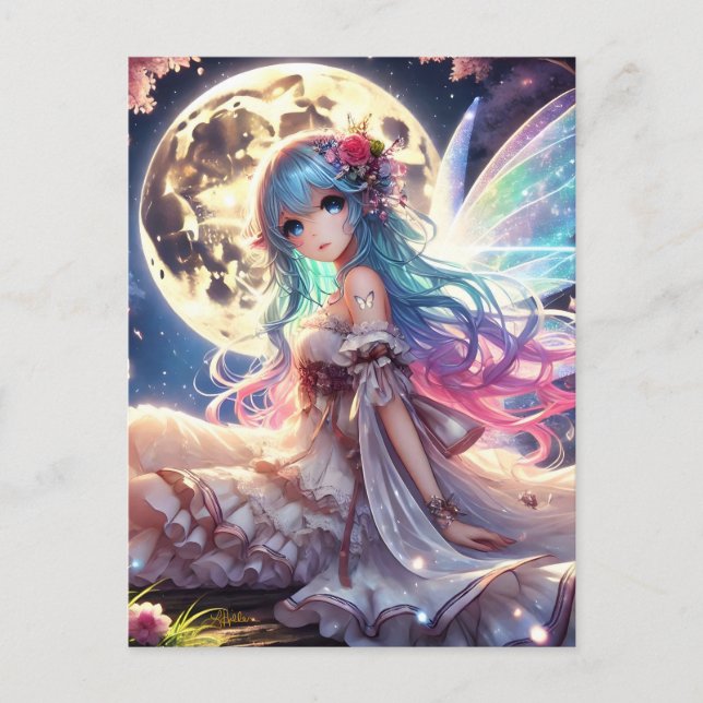 Cartão Postal Menina Anime Princesa Fada da Lua no Jardim (Frente)