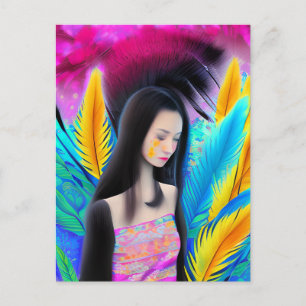 Cartão Postal Menina Asiática Abstrata Bonita mas Triste Colorid