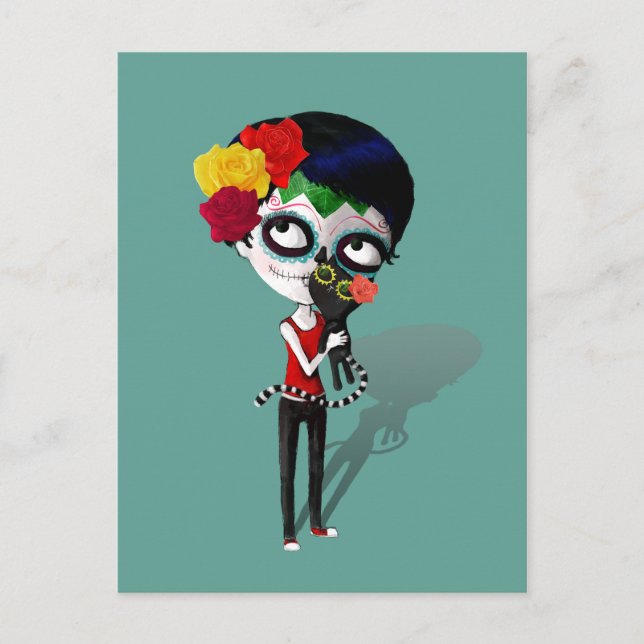 Cartão Postal Menina Assustadora do Dia de Los Muertos (Frente)