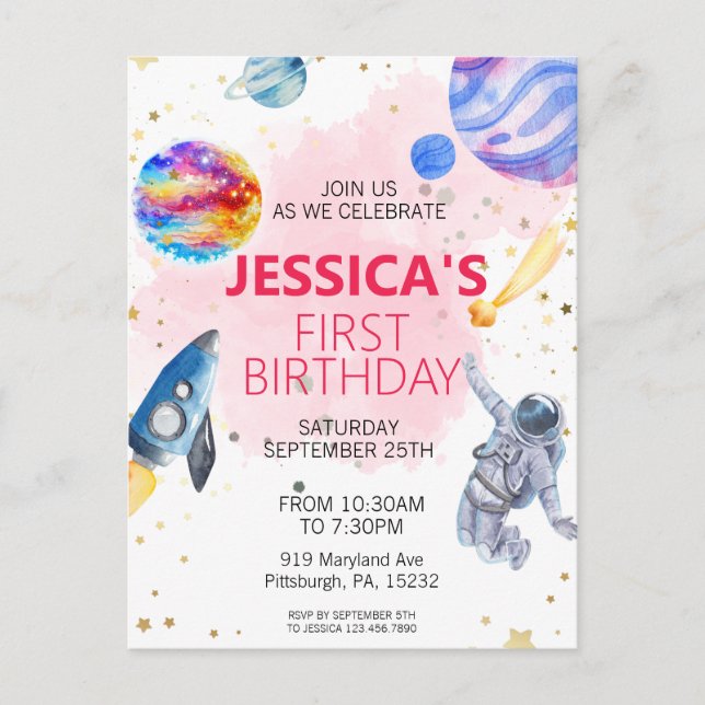 Cartão Postal Menina Astronauta Navio Foguete Espaço Exterior Pl (Frente)