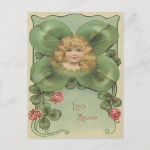 Cartão Postal Menina Bonita Trevo de Quatro Folhas Flores