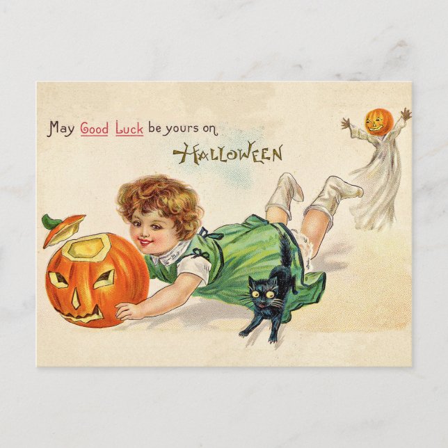 Cartão Postal Menina com abóbora esculpida e gato preto (Frente)