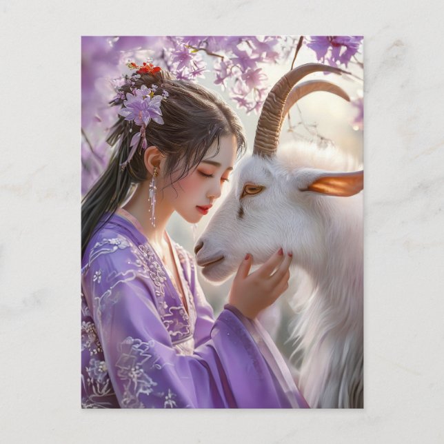 Cartão Postal Menina com Bode Arte do Zodíaco Chinês (Frente)