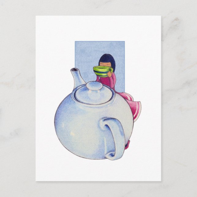 Cartão Postal Menina com cartão-postal de chá (Frente)