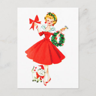 Cartão Postal Menina com coroa de Natal e seu gatinho