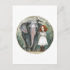 Cartão Postal Menina com Elefante e Pássaro