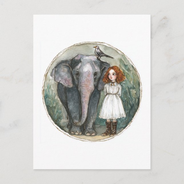 Cartão Postal Menina com Elefante e Pássaro (Frente)